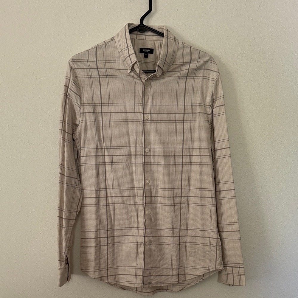 Express Men's Light Tan Plaid Button Down Shirt
